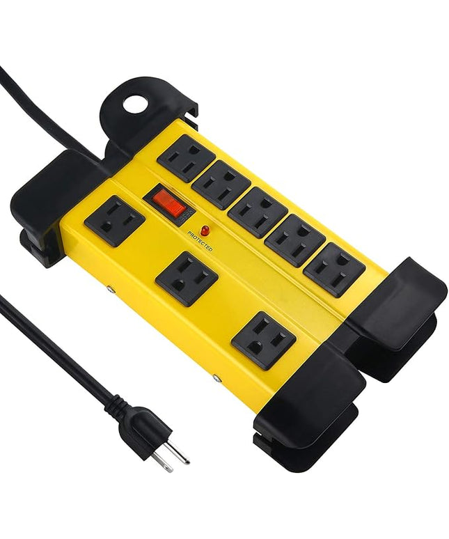 Heavy Duty Surge Protector for Appliances, 8 Outlet Workshop Power Strip with 1200 Joules, Metal with 10 FT Extension Cord and Wide Spaced. Yellow