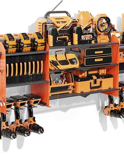 Power Tool Organizer Wall Mount, Expanded Width Garage Storage 3 Layer Heavy Duty Power Tool Storage Rack, 45.5" Battery Tools Holder with Charging Station Shelf