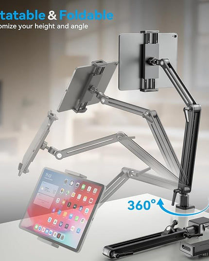 Jakeko Adjustable Tablet Mount for Desk - 360 Degree Rotating Base Tall Arm Holder Stand Swivel Flexible Clamp Soporte para Tablet/Portable Monitor/Ebook
