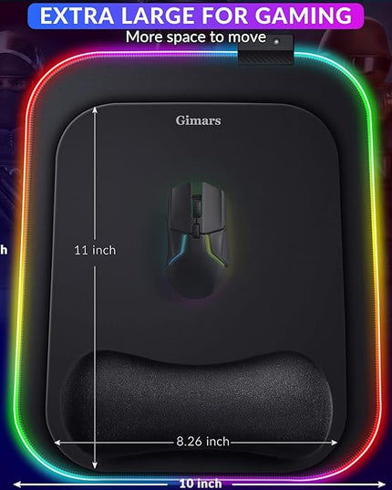 Gimars RGB Mouse Pad with Wrist Rest Support, 12 x 10 in Extra Large Ergonomic Gaming Mouse Pad with 10 LED Lighting Modes, Non-Slip Rubber Base for PC Gaming & Office