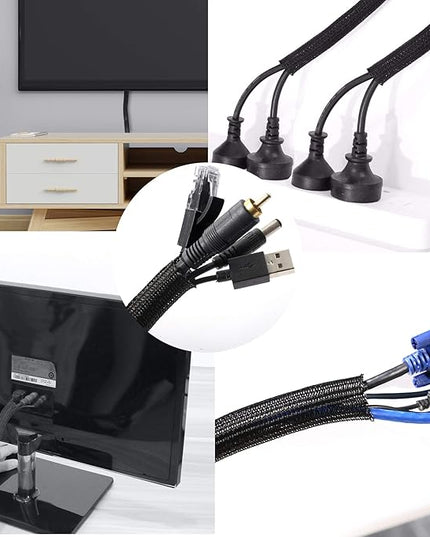CrocSee 25ft - 1 inch Braided Cable Management Sleeve Cord Protector - Self-Wrapping Split Wire Loom for TV/Computer/Home Theater/Engine Bay - Black