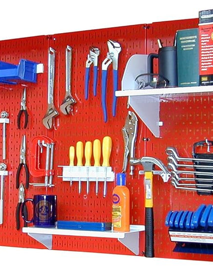 Wall Control 4 ft Metal Pegboard Standard Tool Storage Kit with Red Toolboard and White Accessories