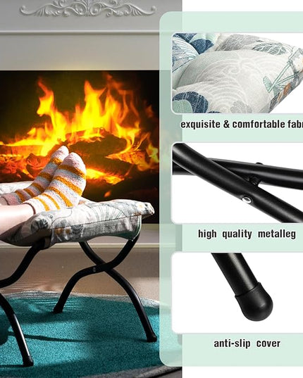 HollyHOME 15"(H) Folding Footrest Stool, Upholstered Small Foldable Ottoman, Accent Padded Sofa Foot Stool for Lazy Chair, Metal Frame Portable Foot Rest Ottoman for Living Room, Bedroom, Fan Print