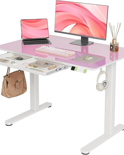 INNOVAR Glass Standing Desk with Drawers, Adjustable Height Electric Stand Up Desk, Small Standing Desks with Storage, 40 inch, Morandi Powder