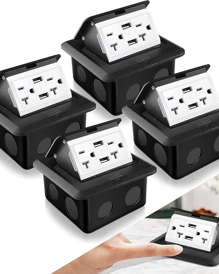 Hoolerry 4 Pack Pop up Floor Electrical Outlet Cover Box Kit with 4.8A USB Charger 20Amp Waterproof Weatherproof Floor Tamper Resistant Outlet Receptacle for Countertop Home (Black)