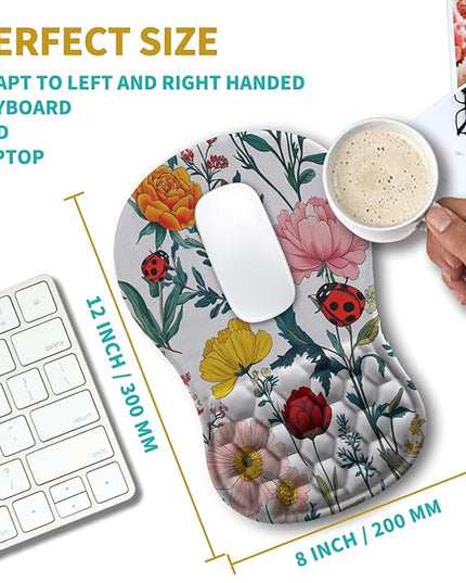 Hokafenle Ergonomic Mouse Pad Wrist Support, Wrist Rest Mousepad for Carpal Tunnel Pain Relief with Integrated Memory Foam Slope Massage Bulge (11.8x7.9 inch,Flowers and Ladybugs