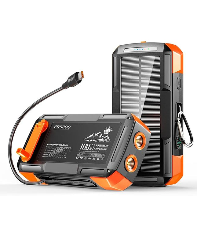 Solar Charger Power Bank 73200mAh, Portable Laptop Charger with 100W USB-C in/Output, Built-in Cables, Hand Crank Power Bank for Mobile Phones, Ideal for Outdoor Use with SOS/Strobe/Strong (orange)
