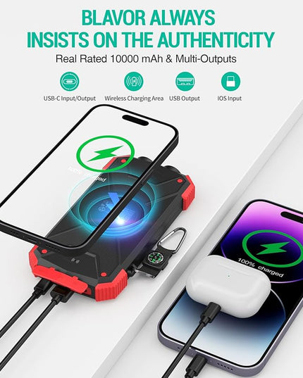 BLAVOR Solar Power Bank 10,000mAh, Portable Wireless Charger, 20W Fast Charging External Battery Pack with USB C for Cell Phones, Solar Panel Charging with Dual Flashlight for Camping