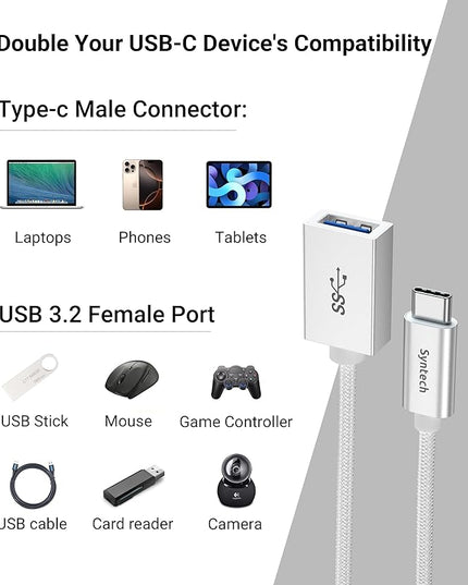 Syntech USB Type C to USB Adapter, Aluminum Alloy, Male to Female, 5 Gbps Transfer Speed, Compatible with iPhone, MacBook, iPad, Pixelbook, Dell, Surface, Lenovo, Samsung Galaxy