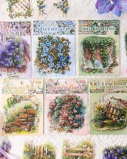 Dwpetzo Garden Flower Landscape Stickers for Journaling, 6 Themes Transparent PET Wildflower Brick Wall Fence Vines Stickers for Scrapbooking, Junk Journal Supplies, Collage, Planner, Mixed Media