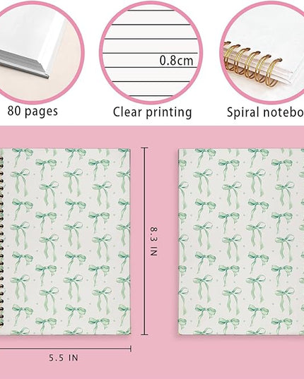 LIANGW Boho Green Bow Notebook Journal for Teen Girls & Women, Preppy Cute Journal Gifts for Women, Girly Gifts, Green Bow Office Supplies, Hardcover Spiral Notebook, 5.5x8.3 Inch