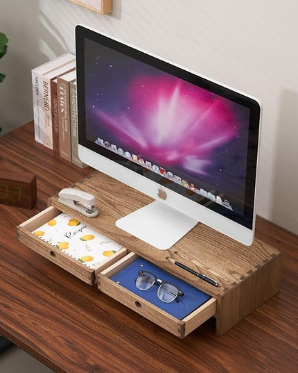 KIRIGEN Wood Monitor Stand with 2 Drawers - Computer Arm Riser Desk Storage Organizer,Speaker TV Laptop Printer Stand with Pen Slot and Cable Management,Dark Brown Desktop Shelf for Office DBR-2PMJ