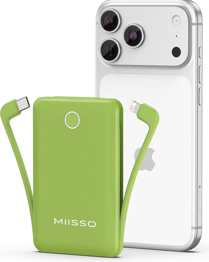 miisso 10000mAh Mini Portable Charger with Built in Cable, Pocket Size Power Bank Travel External Battery Pack for Phone, 3 Output USB Type C Cord Clutch Compatible with iPhone, Samsung, Green