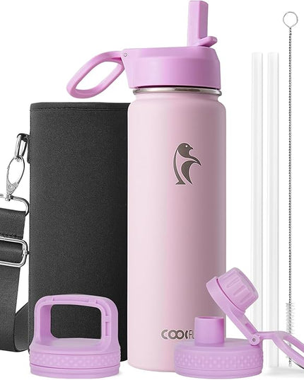 Coolflask Water Bottle 24 oz Insulated with Straw, Stainless Steel Metal 3 Lids Water Flask Wide Mouth for Sports or Office, Non-BPA Keep Cold Up to 48 Hrs or Hot Up to 24 Hrs, Pink