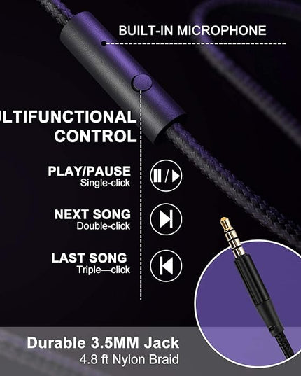 Lorelei X6 Over-Ear Headphones with Microphone, Purple-Black Lightweight Foldable & Portable Stereo Bass, Wired for Smartphone & Tablet, MP3 (1.45M No-Tangle)