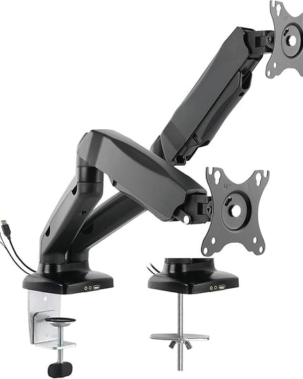 Rocelco Premium Double Monitor Desk Mount with USB 2.0 and Audio Port - Fits Dual 13" - 27" LED LCD Flat Screens - Pneumatic Full Motion Assist Adjustable Arm - Grommet and C Clamp - Black (R MA2)