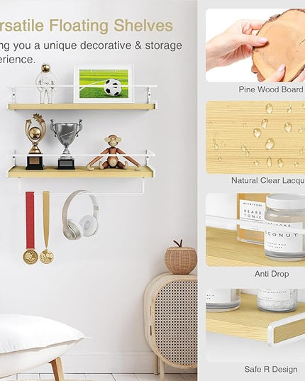 Forbena Floating Shelves for Wall with Rail, White and Natural Wood Nursery Book Shelves for Baby Girls Boys Kids Room Bedroom, Hanging Bookshelves Wall Mounted for Books, Toys, Bathroom (Set of 2)