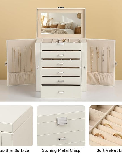 Frebeauty Large Jewelry Box,6-Tier PU Leather Jewelry Organizer,Multi-functional Storage Case with Mirror,Accessories Holder with 5 Drawers for Necklace Bracelets Watches(Pearl White)