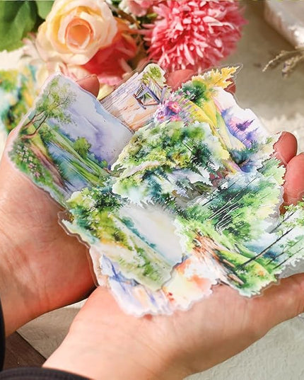 120PCS Large PET Nature Scenery Stickers for Journaling, 2.76 x 2.76 inches, 6 Assorted Landscape Scrapbook Stickers for Scrapbooking, Craft Art, Bujo, Junk Journal Supplies, Collage Decorative