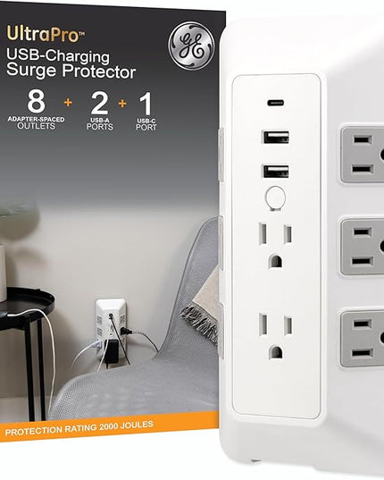 GE 8-Outlet Surge Protector with USB, Outlet Extender, 2 USB-A, 1 USB-C, Adapter Spaced, Multi Plug, Charging Station, for Home School and Office, 2000 Joules, White/Gray - 73654