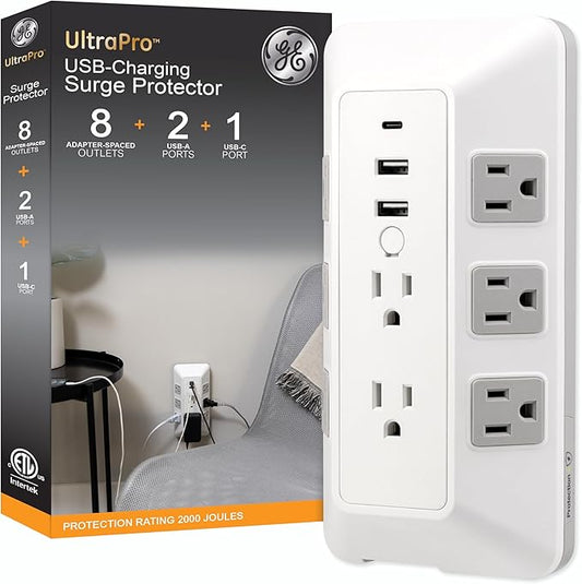 GE 8-Outlet Surge Protector with USB, Outlet Extender, 2 USB-A, 1 USB-C, Adapter Spaced, Multi Plug, Charging Station, for Home School and Office, 2000 Joules, White/Gray - 73654