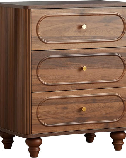 3 Drawer Fluted Dresser for Bedroom Set of 2, Mid Century Modern Chest of Drawers, Wood Storage Small Dresser Organizer for Bedroom Living Room Hallway Closet, Walnut
