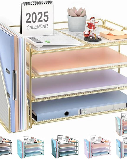 gianotter 4-Tier Paper Organizer With Magazine Holder, Desk Organizers and Accessories, Desk Accessories & Workspace Organizers, File Organizer for Office Supplies Storag (Gold, 4-Tier)