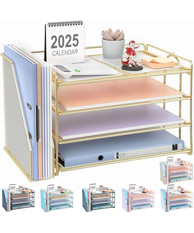 gianotter 4-Tier Paper Organizer With Magazine Holder, Desk Organizers and Accessories, Desk Accessories & Workspace Organizers, File Organizer for Office Supplies Storag (Gold, 4-Tier)