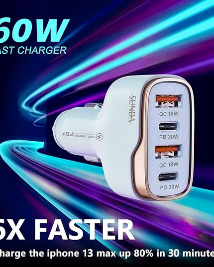 SUNDA 60W USB C Fast Car Charger, 4-Ports Car Charger Adapter, Dual Type C PD30W/PPS30W Compatible with iPhone17/16/15 Pro/Max/iPhone14/iPad Pro/Galaxy/SamsungS25, Dual USB-A 18W QC3.0 for Android