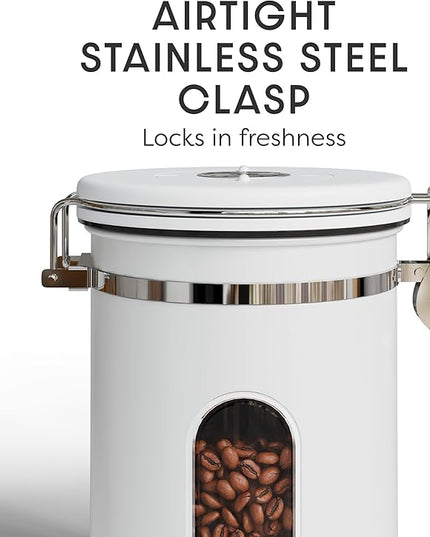 Veken Coffee Canister with Window, Airtight Stainless Steel Kitchen Food Storage Container with Lids, Date Tracker and Scoop for Grounds Coffee, Beans, Tea, Flour, Cereal, Sugar Jars, 22OZ, White