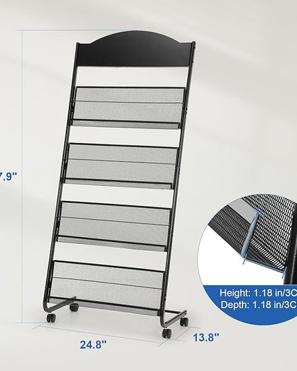 Floor Magazine Rack Brochure Stand with Wheels, Standing Literature Display Rack Brochure Holder for Home, Office, Retail Display, Black