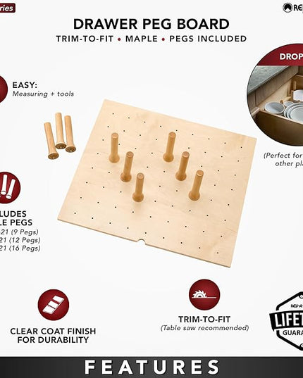 Rev-A-Shelf Trimmable Pegboard Drawer Divider Organizer, Trim to Fit Wooden Kitchen Cabinet Storage Utensil, Pots & Dish Rack, 24" x 21", 4DPS-2421