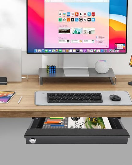 18.9" Under Desk Storage Drawer with Holes, Locking Design Black Sliding Pull-Out Drawer for Sit Stand Workstation
