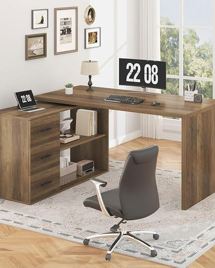 HSH 360 Rotating L Shaped Desk with Drawers, L Shape Computer Desk with Storage Cabinet Shelves, Rustic Home Office Desk for Executive Writing Study Work, Wood Table Swivel Desk, Rustic Oak, 55 Inch