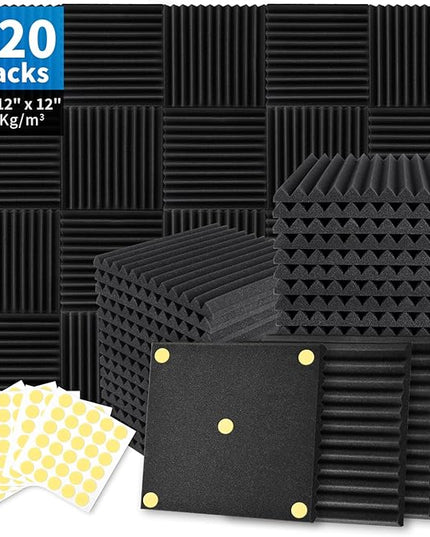 Focusound 120 Pack Acoustic Foam Panels 1" x 12" x 12" Sound Proof Foam Panels Soundproofing Noise Cancelling Wedge Panels for Home Office Recoding Studio with 600 PCS Double-Side Adhesive