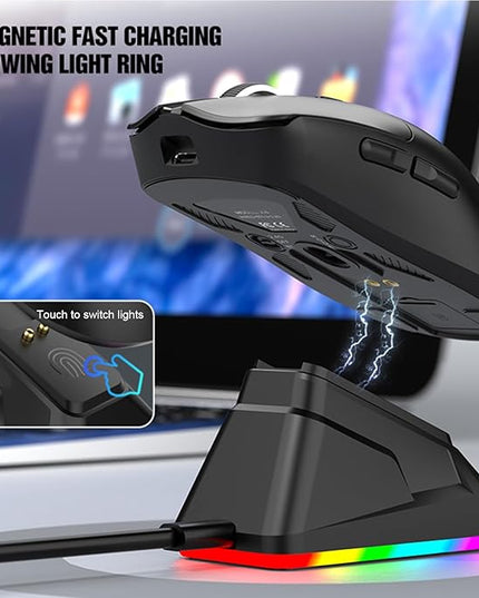Lightweight Gaming Mouse, RGB Light 3 Mode Connection with 6 Adjustable DPI 800 12000, 7 Customizable Buttons, with Magnetic Charging Base (Black)