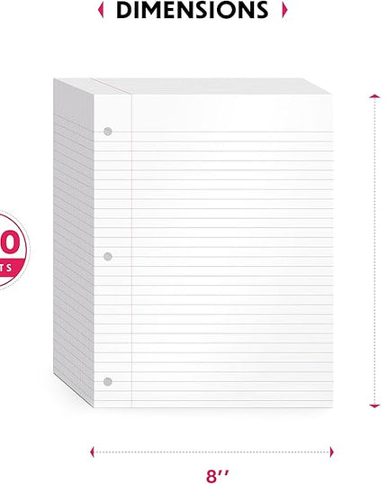 Alitte Loose Leaf Paper, Wide Ruled, 600 Sheets (150/Pack) Filler Paper for Writing Notes - School, College, Office - 3 Hole-Punch Lined Sheets for Ring Binders, Pocket Folders - White, 8 x 10.5