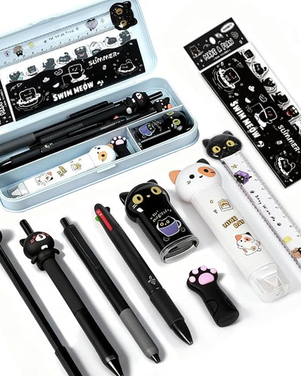 10Pcs Black Cute Cat Stationery Set Cat School Supplies Kawaii Japanese Stationery Birthday GIFS Including Pens Pencil Sharpener Highlighter Eraser Correction Tape Ruler for Office School Supplies