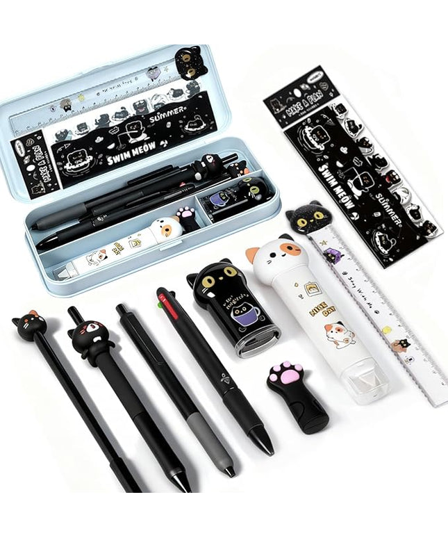 10Pcs Black Cute Cat Stationery Set Cat School Supplies Kawaii Japanese Stationery Birthday GIFS Including Pens Pencil Sharpener Highlighter Eraser Correction Tape Ruler for Office School Supplies