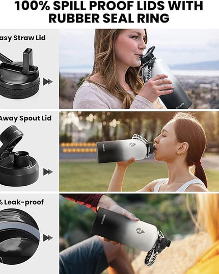 Insulated Water Bottle 87 oz, Triple Wall Vacuum Stainless Steel (Cold for 48 Hrs), Leak Proof & Non-BPA, Modern Water Flask Jug with Paracord Handle & Straw Spout Lids, Ombre: White/Black