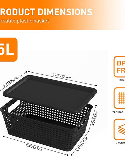 Plastic Storage Baskets With Lid, Storage Bins for Organizing, Stackable Decorative Containers for Shelves Drawers Desktop Closet Playroom Classroom Office,10 Pack-Black