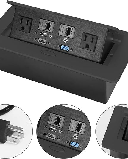 Table Pop up Power Strip Box Desktop Pop Up Outlet Recessed Multimedia Strip Socket Conference Table Power Hub Hidden Table Connection Box with Outlet Network HDMI for Office Desk (Black-A)