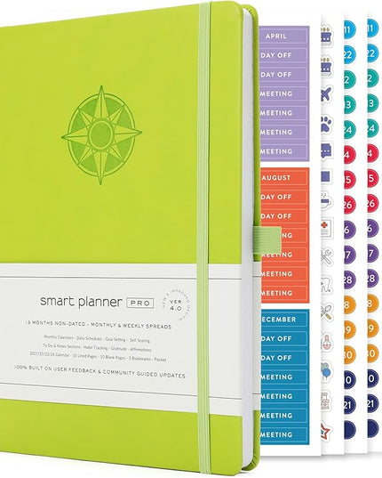 Smart Planner Pro – Undated Daily Planner – Medium B5 – Achieve Goals & Increase Productivity with Weekly, Monthly, Work Sections - Organizer Planner with Back Pocket, 3 Satin Bookmarks & Pen Holder