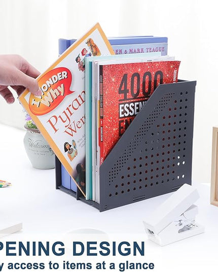 Collapsible Magazine File Holder with 2 Vertical Compartments Foldable Binder Holder for Desk Binder Storage Organizer Plastic Magazine Holders for Shelf, Dark Gray