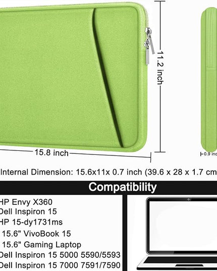 Askuko Laptop Sleeve, Shockproof Protective Computer Case, Handbags Portable Laptop Bag for 15.6 inch HP Dell Asus Lenovo Notebook Computer with Front Pocket, Light Green