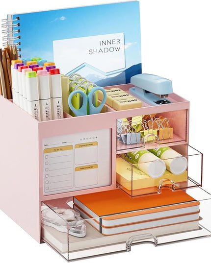 Marbrasse Desk Organizer with 3 Drawer, Multi-Functional Pencil Pen Holder for Desk, Desk Organizers and Accessories with 4 Compartments, Desktop Organizer Storage for Office Home Art Supplies (Pink)