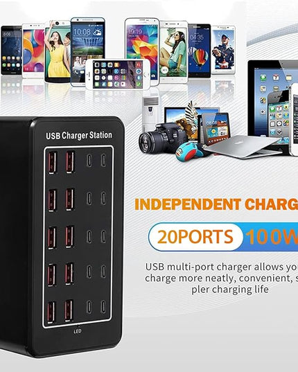 USB C Charger Block 100W USB C Charging Station, 20Port (20A) Multiple Charging Hub Desktop 10 Port USB Charger Compatible for Apple iPhone, iPad, Samsung, Pixel, Cell Phone, Tablets, Office Home Use