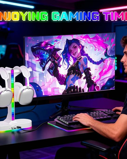 Cool RGB Headphone Stand with Charging Station - Sleek Dual Headset Holder, 3 USB Ports & 3.5mm Audio, 8 Light Modes | Ultimate Gaming Gift for Men, Boyfriend, Teen Boys - Modern White Design