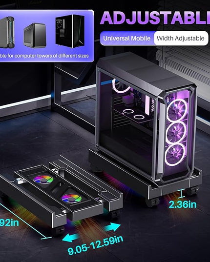 Adjustable Computer Tower Stand with Cooler Fan and Light, PC Stand for Floor, Mobile CPU Holder with 4 Caster Wheels Fits Most PC Tower, Under Desk CPU Holder for Office,Gamers and Students