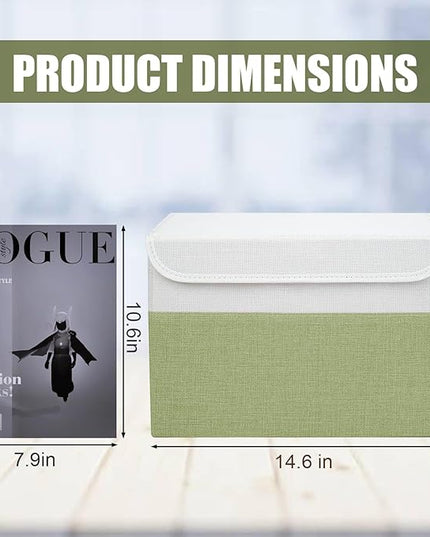 Large 22 Quart Linen Fabric Foldable Storage Bin Cube Organizer Basket with Flip-Top Lid & Handles, Clothes Blanket Box for Home, Office, Closet, Green & White, 4 Pack 14.6 x 9.5 x 9.5